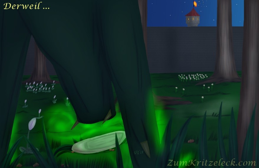 Digitalzeichnung, Comicstil: Der Schlossgarten bei Nacht, drei Bäume im Hintergrund, im Vordergrund ein weiterer, Gras, Nüsse und Blumen (die Blüten geschlossen) auf einer Wiese, ebenso im Vordergrund ein dunkelgrünes Wesen von hinten, man sieht nur die Vorderbeine, Kopf und Hals, spitze Eckzähne ragen seitlich aus dem Maul, der Kopf senkt sich gen Boden, die Schnauzenspitze an einem der Hausschuhe der Prihnzessin, der dort im Gras liegt, leuchtendgrüne Schwaden umgeben die Schnauzenspitze des Tiers und die Unterschenkel; weiter im Hintergrund die Mauer des Schlossgartens, dahinter ein Turm, die Flagge, die an dessen Flaggenmast gehisst ist, brennt nach rechts wehend, dahinter der Nachthimmel mit Sternen