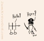 Einfache Schwarz-weiß-Zeichnung: Ein doppeltes H (HH) mit Beinen und Füßen links und ein einfaches H mit einem Holzbein, einem Haken an der linken und einen Säbel in der rechten Hand, sowie einer Augenklappe und Dreispitz auf dem Kopf (ein "O", ein "j" und ein "L" bilden einen Totenkopf), aber auch reichlich Haaren, die ihm ins Gesicht hängen, das Doppel-H zum H: "Haha!", Ausruf des H: "Harr!"