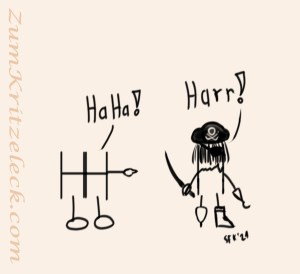 Einfache Schwarz-weiß-Zeichnung: Ein doppeltes H (HH) mit Beinen und Füßen links und ein einfaches H mit einem Holzbein, einem Haken an der linken und einen Säbel in der rechten Hand, sowie einer Augenklappe und Dreispitz auf dem Kopf (ein "O", ein "j" und ein "L" bilden einen Totenkopf), aber auch reichlich Haaren, die ihm ins Gesicht hängen, das Doppel-H zum H: "Haha!", Ausruf des H: "Harr!"