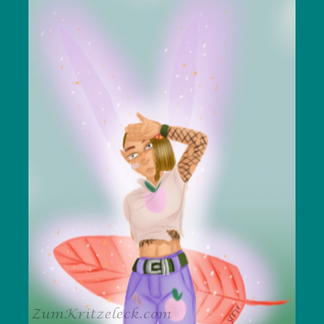 Digitalzeichnung, Comicstil: Nahaufnahme (bis halbe Oberschenkelhöhe) einer jungen, weibliche Feen mit goldbrownem Haar im Seitenschnitt. Sie trägt ein bauchfreies Top und darunter ein Netzshirt, dessen Ärmel ihre Arme entlangreichen, sowie eine hellviolette Zweidrittelhose. Auf der Hose sind Pfirsichflicken, sowie ein Pfirsichaufdruck auf dem Top. Sie hat den linken Arm zum Schutz vor der Sonne gehoben, mit dem rechten Arm hält sie ein großes, rotes Blatt, das an ein Skatebord erinnert, hinter hinter dem Rücken. Ihre Flügel sind leuchtend-violett und ebenso wie das Blatt schimmernd vor Feenstaub. In Netzshirt und Hose sind Löcher, sie hat einige Schürfwunden an den Beinen und ein Pflaster auf der rechten Wange. Der hintergrund sind verwaschene Grüntöne vor einem hellen Beige.