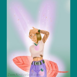 Digitalzeichnung, Comicstil: Nahaufnahme (bis halbe Oberschenkelhöhe) einer jungen, weibliche Feen mit goldbrownem Haar im Seitenschnitt. Sie trägt ein bauchfreies Top und darunter ein Netzshirt, dessen Ärmel ihre Arme entlangreichen, sowie eine hellviolette Zweidrittelhose. Auf der Hose sind Pfirsichflicken, sowie ein Pfirsichaufdruck auf dem Top. Sie hat den linken Arm zum Schutz vor der Sonne gehoben, mit dem rechten Arm hält sie ein großes, rotes Blatt, das an ein Skatebord erinnert, hinter hinter dem Rücken. Ihre Flügel sind leuchtend-violett und ebenso wie das Blatt schimmernd vor Feenstaub. In Netzshirt und Hose sind Löcher, sie hat einige Schürfwunden an den Beinen und ein Pflaster auf der rechten Wange. Der hintergrund sind verwaschene Grüntöne vor einem hellen Beige.