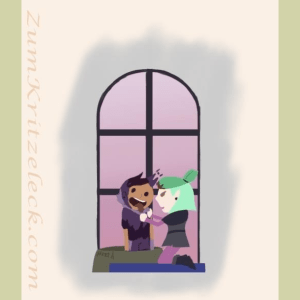 Digitalzeichnung, minimalistischer Comicstil, das Bild zeigt die Protagonistinnen der Serie "The Owl House": Amity Blight (grüne Haare mit einem Rest braun am Stirnhaar), knieend auf einem Tisch, wie sie Luz Noceda (kurzes, dunkelbraunes Haar) aus einem großen Kessel zieht. Luz ist mit violettem Schleim bedeckt, verdreht die Augen und die Zunge hängt ihr aus dem Mund. Beide befinden sich vor einem hohen Fenster, durch das man einen orangenen und roten Himmel sehen kann, dahinter ein verwaschenes Grau vor einem hellen Beige als Hintergrund. Digital painting, minimalized comic style, featuring the main protagonists of the series "The Owl House": Amity Blight (green hair with a rest brown at the forehead's hair) kneeilng on a desk, pulling Luz Noceda (short dark brown hair) out of a big pot, Luz is covered with violett goo, she is twisting her eyes and the tongue is hanging out of her mouth, behin them is a big windowh through which you can see an orange and red sky. the background is a washy grey in front of a light beige.