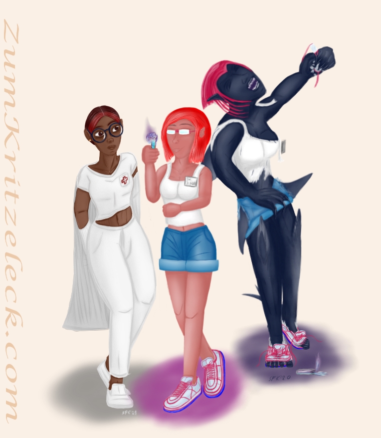 Digitalzeichnung, Comicstil auf hellem Grund: Eine Frau mit dunkler Haut und dunklem Haar (Stirnhaare dunkelrot gefärbt). Weißes Poloshirt, Weiße Jogginghose und weiße Schlupfschuhe, Brile mit großen, runden Gläsern und dunkelblauem Rand. Auf der Brusttasche des Poloshirts die Kontur eines roten Kreuzes. Sie zieht gerade ihren Doktorkittel aus. Sie schaut zu einer Frau neben ihr rechts im Bild ("Dr. Jacky Hill") in weißem Tanktop, Jeansshorts und Sneakern, einem Namensschild an der Brust und eine Brille mit rechteckigen Brillengläsern, die Haare rot und kinnlang, ein Reagenzglas betrachtend, aus dem lila Schaum quillt. Rechts von dieser eine muskulöse Frau mit Haifischflossen auf Rücken, Hüften, Knien und Fersen, das violett-rote Haar ist wie eine Haifischflosse geformt, fünf einzelne Strähnen fallen ihren Hals entlang, sie hat spitze Ohren und trägt die Kleidung von Dr. Hill. Diese ist zerrissen. Sie bäumt sich auf, die Augen geschlossen, die linke Hand in die Höhe gereckt, darin die Brille zerquetschend