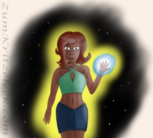 Digitalzeichnung Comicstil: Eine Frau mit brauner Hautfarbe und dunkelroten, gewellten Haaren, sie trägt ein bauchfreies Top mit überkreuz verlaufenden Trägern und einen blauen Jeansrock, sie hat die linke Hand auf Schulterhöhe gehoben, diese umgibt ein weißbläuliches Energiefeld, dessen Leuchten sich auf Kleidung, Haut und Haaren spiegelt, sie selber ist ebenfalls von strahlend gelbem Licht umgeben, der Hintergrund ist ein grob kreisförmiger Nachthimmer-Ausschnitt vor einem hellen Beige.