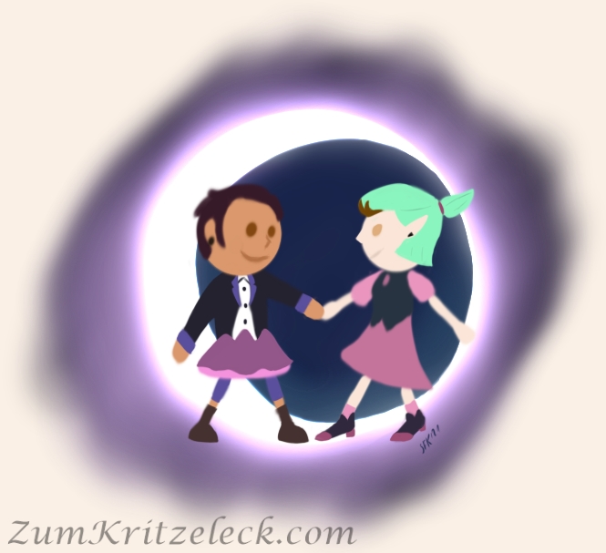 Digitalzeichnung, minimalistischer Comicstil, Fanart: Luz Noceda (braunes Haar) und Amity Blight (grünes Haar mit einem Stück Braun am Stirnhaar), Protagonistinnen der Zeichentrickserie "The Owl House", Hände haltend vor einem leuchtenden Sichelmond tanzend, Luz trägt sowohl Anzug wie auch einen rosanen und einen violetten Rock, dazu braune Stiefel, Amity ein dunkelrosanes Kleid mit einem dunklen Oberteil und Halbschuhe mit dunkelvioletten spitzen und Absätzen, der Hintergrund ist ein leuchtendes vor einem dunklen Violett auf hellem Grund