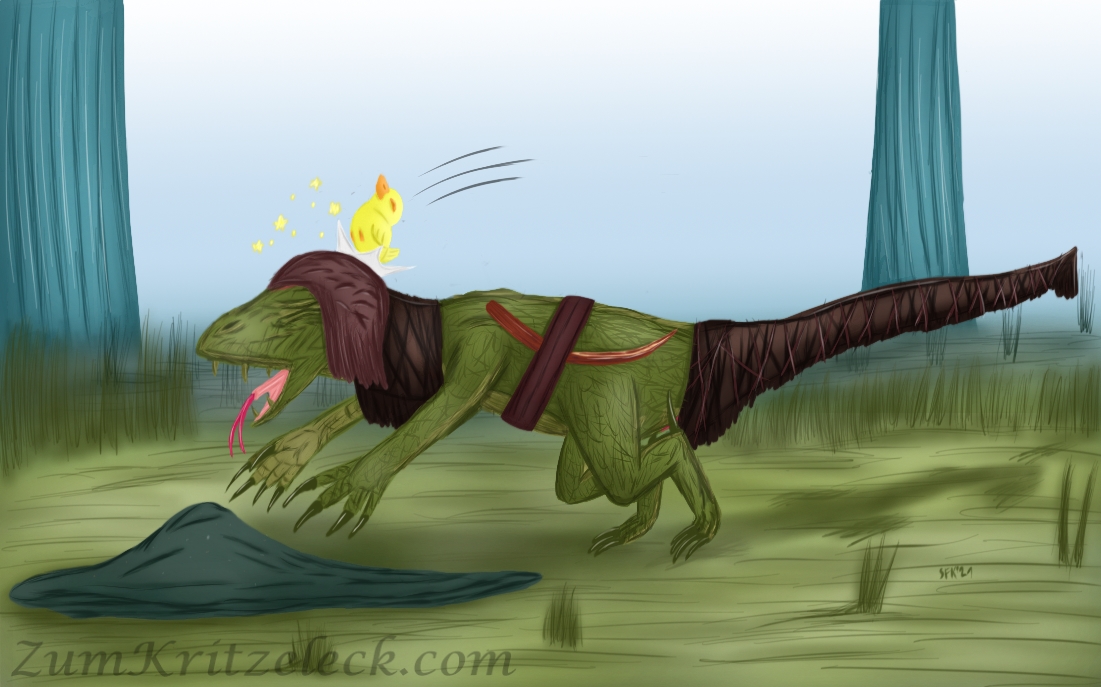 Digitalzeichnug, Comicstil: Eine humanoide, echsenartige Kreatur, Kleider bedecken Kopf, Hals und Schwanz, zudem trägt sie einen Gürtel und einen hölzernen Krumm-Dolch. Sie stürzt von einer gelben Entenfigur ausgeknockt zu Boden. Dort liegt ein dunkelgrünes Kleid. Dies findet in einem Waldsumpf statt, weshalb der Hintergund grünlich ist, zugleich spielt die Szen auf einer Lichtung, sodass man ebenso den Himmel sehen kann