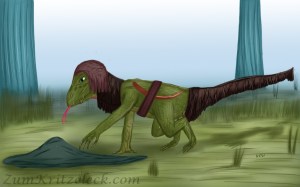 Digitalzeichnug, Comicstil: Eine humanoide, echsenartige Kreatur, Kleider bedecken Kopf, Hals und Schwanz, zudem trägt sie einen Gürtel und einen hölzernen Krumm-Dolch. Sie beugt sich über ein dunkelgrünes Kleid auf dem Boden, dies findet in einem Waldsumpf statt, weshalb der Hintergund grünlich ist, zugleich spielt die Szen auf einer Lichtung, sodass man ebenso den Himmel sehen kann