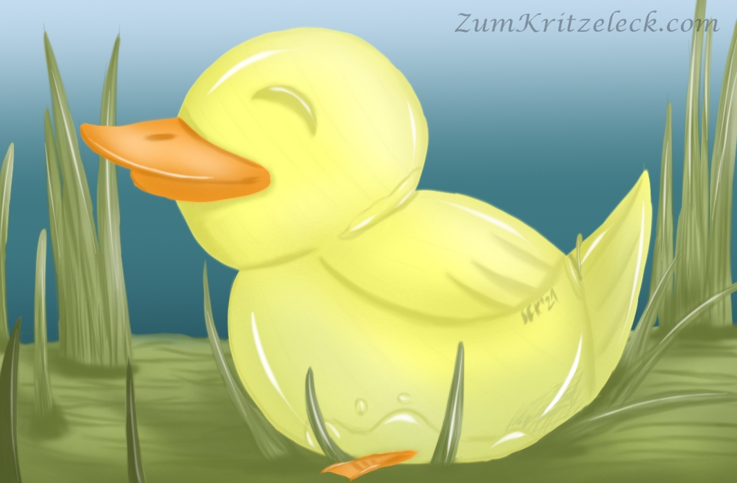 Digitalzeichnung, Comicstil: Eine gelbe Holzente in Großaufnahme im sumpfgrünen Gras. Sie lächelt fröhlich und glänzt in der Sonne, Wassertropfen haften an ihr, das Schwanzgefieder beinhaltet einen kleinen Hebel, am Po sind jedoch auch mehrere Kratzer zu sehen, von Dunkel- ins Hellblaue verlaufender Hintergrund