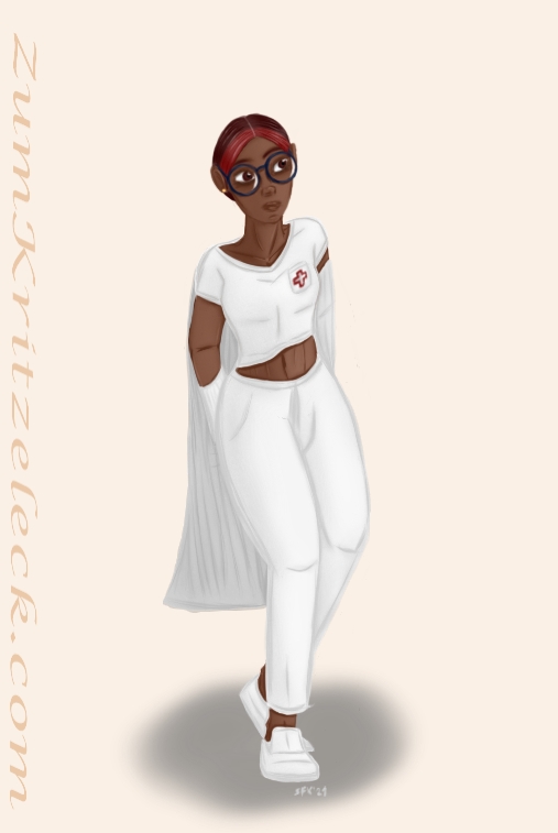 Digitalzeichnung, Comicstil auf hellem Grund: Eine Frau mit dunkler Haut und dunklem Haar (Stirnhaare dunkelrot gefärbt). Weißes Poloshirt, Weiße Jogginghose und weiße Schlupfschuhe, Brile mit großen, runden Gläsern und dunkelblauem Rand. Auf der Brusttasche des Poloshirts die Kontur eines roten Kreuzes. Sie zieht gerade ihren Doktorkittel aus.