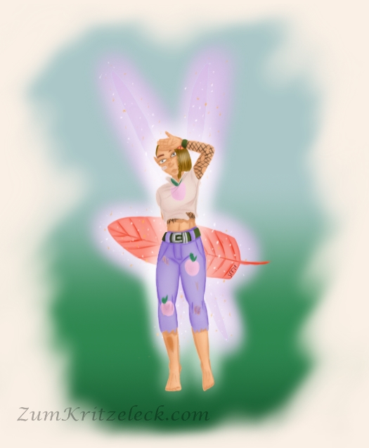 Digitalzeichnung, Comicstil: Eine junge, weibliche Fee mit goldbrownem Haar im Seitenschnitt. Sie trägt ein bauchfreies Top und darunter ein Netzshirt, dessen Ärmel ihre Arme entlangreichen, sowie eine hellviolette Zweidrittelhose. Auf der Hose sind Pfirsichflicken, sowie ein Pfirsichaufdruck auf dem Top. Sie hat den linken Arm zum Schutz vor der Sonne gehoben, mit dem rechten Arm hält sie ein großes, rotes Blatt, das an ein Skatebord erinnert, hinter hinter dem Rücken. Ihre Flügel sind leuchtend-violett und ebenso wie das Blatt schimmernd vor Feenstaub. In Netzshirt und Hose sind Löcker, sie hat einige Schürfwunden an den Beinen und ein Pflaster auf der rechten Wange. Der hintergrund sind verwaschene Grüntöne vor einem hellen Beige.
