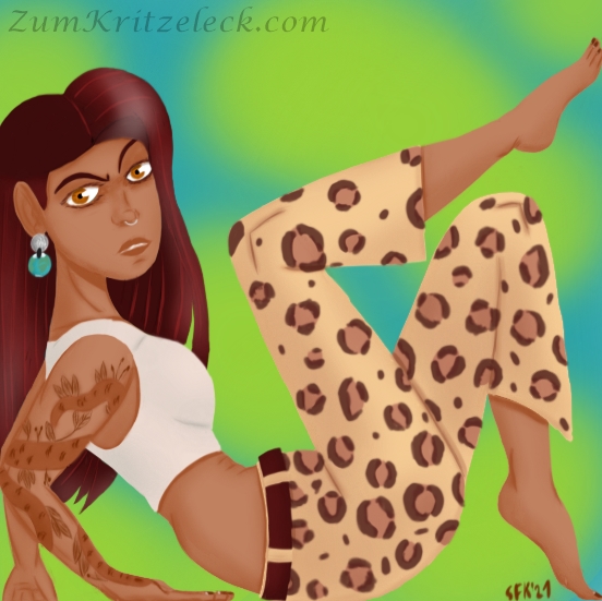 Digitalzeichnung, Comicstyle: Eine junge Frau mit dunkelbraunen Haaren in einem Quadrat. Sie trägt einen Nasenring und Ohranhänger, die an Erde und Mond erinnern. Auf ihrem rechten Arm hat sie eine Schlange tätowiert. Als Oberteil, trägt sie ein weißes, bauchfreies Top, die Hose ist dreiviertel lang und im Leopardenfell-Style gehalten. Sie passt kaum in der Quadrat und schaut genervt. Der Hintergrund besteht aus hellgrünen Wolken vor helltürkisem Grund.