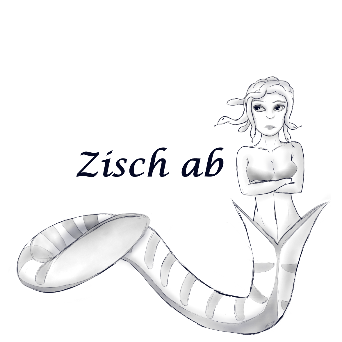Digitalzeichnung, Comicstil, monochrom dunkelblau, transparenter Untergrund: Merdusa, die Schlangenkopf-Meerjungfrau mit dem Unterkörper einer Schlange, die Arme gekreuzt, ein genervter Gesichtsausdruck. Text: "Zisch ab"