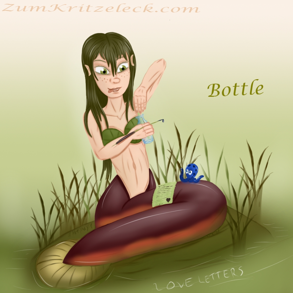 Mermay1, "Bottle", digital painting, comic style: A mermaid with the tail of an electric eel sitting on a little isle in a swamp, putting a paper slip in a bottle with the left hand, in the right hand she is holding a reed stalk with ink on its tip, ob her tail there is a letter signed with a heart and a tiny blue octopus. Her hair is dark green and she wears water lily's leaves as bikini top, title: "Love Letters"