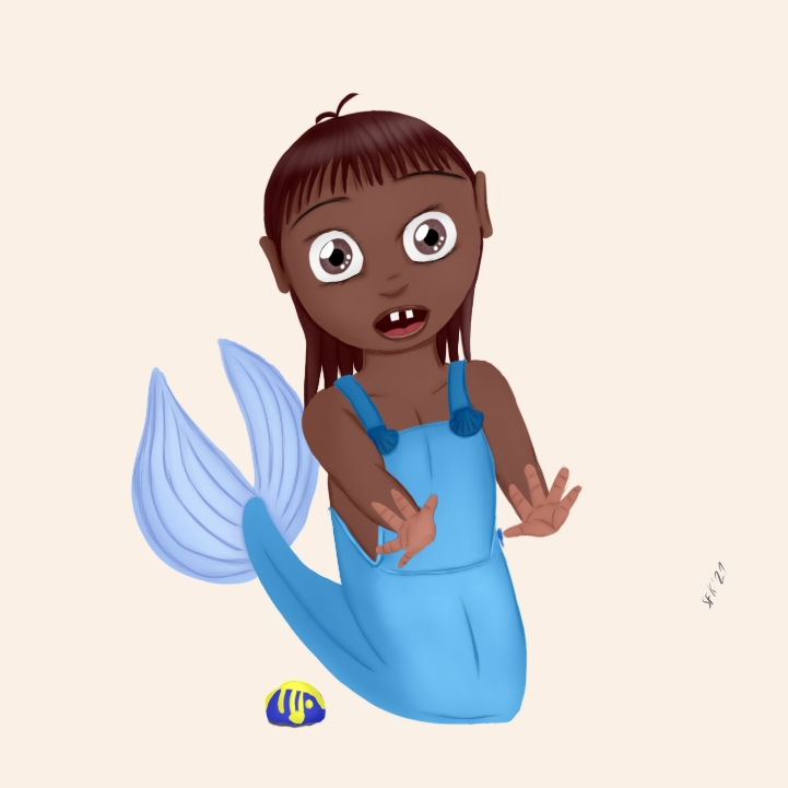 Digitalzeichnung, Comicstil: Eine junge Meerjungfrau, Kleinkind (dunkle Hautfarbe, braune Haare, blauer Fischschwanz und Flosse) mit großen Augen, staunend auf etwas schauend, das nicht im Bild zu sehen ist. Der Oberkörper ist bedeckt mit einem Blaumann (Muscheln statt Knöpfen), der in den blauen Fischunterkörper übergeht. Neben ihr ein blau und gelb angemaltet Stein.