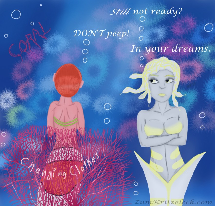 Mermay3, "Coral", digital painting, comic style: Nema, the clownfish mermaid with short orange hair standing behind a big red coral in front of a lot of sea anemones. In the right corner of the painting Merdusa, the Medusa mermaid (greyisch blue skin, white snakes on her head, white tail with yellow spots) crossing arms, text: M.: "Still not ready?" - N.: "DON'T peep!" - M.: "In your dreams."