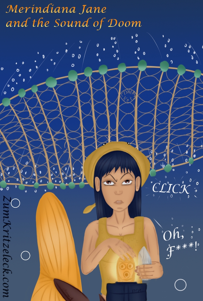 Mermay4, "Fisher's net", digital painting, comic style: Merindiana Jane, a mermaid with straight blueish black hair, wearing a light brown ray as head, standing behind a golden fishlike statuette on a pedestal, from behind a fisher's net is falling on her, text: "CLICK" - "Oh, F***!", title: "Merindiana Jane and the Sound of Doom"