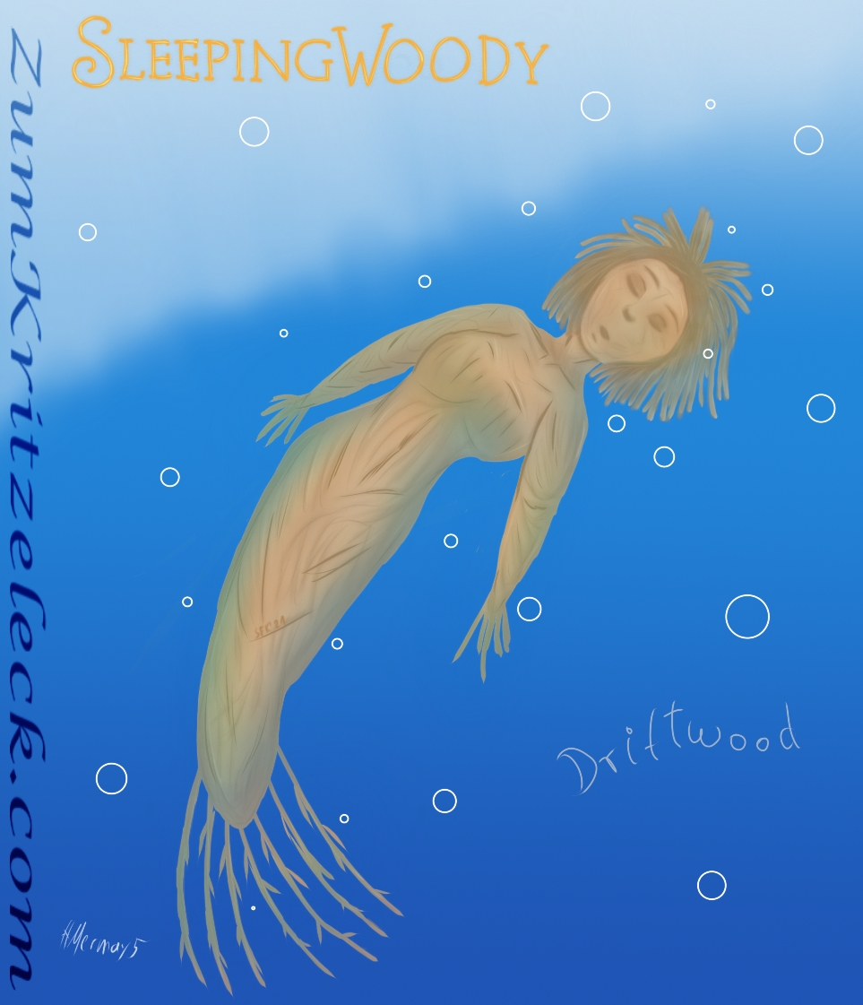 Mermay5, "Driftwood", digital painting, comic style: Driftwood in form of a mermaid, floating in the sea, title: "Sleeping Woody"