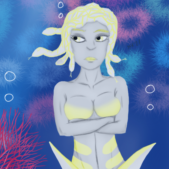 Digitalzeichnung, Comicstil, Ausschnitt aus einem Bild: Merdusa, die Medusa-Meerjungfrau, graue-blaue Haut, gelbe Stellen auf der Haut, weiße Schlangen auf dem Kopf von vorne, der Oberkörper ist zu sehen, die hat die Arme verschränkt, guckt ungeduldig nach links (vom Betrachter aus gesehen). Korallen und Seeanemonen im Hintergrund.