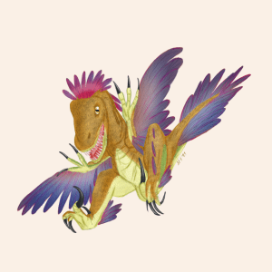 Digitalzeichnung, Comicstil, Designkonzept eines Tieres auf hellem Grund: Eine Mischung aus den Dinosauriern Velociraptor und Archaeopteryx (Urvogel) im Sprung, rot-blau-violett schimmernde Federn aufgestellt und ausgebreitet, die Sichelklauen bereit zum Zuschlagen