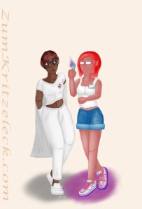 Digitalzeichnung, Comicstil, heller Grund: Eine Frau mit dunkler Haut und dunklem Haar (Stirnhaare dunkelrot). Poloshirt, Jogginghose und Schlupfschuhe weiß, Brile mit runden Gläsern und dunkelblauem Rand. Auf der Brusttasche die Kontur eines roten Kreuzes. Sie zieht gerade ihren Doktorkittel aus. Sie schaut zu einer Frau an ihrer Seite in der Mitte des im Bildes ("Dr. Jacky Hill") in weißem Tanktop, Jeansshorts und Sneakern, einem Namensschild an der Brust und eine Brille mit rechteckigen Brillengläsern, die Haare rot und kinnlang, ein Reagenzglas betrachtend, aus dem lila Schaum quillt.