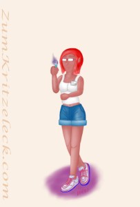 Digitalzeichnung, Comicstil, heller Hintergrund: Links eine Frau in weißem Tanktop (Dr. Jacky Hill), Jeansshorts und Sneakern, sie trägt ein Namensschild an der Brust und eine Brille mit rechteckigen Brillengläsern, ihre Haare sind rot und kinnlang. Sie betrachtet ein Reagenzglas, aus dem lila Schaum blubbert.