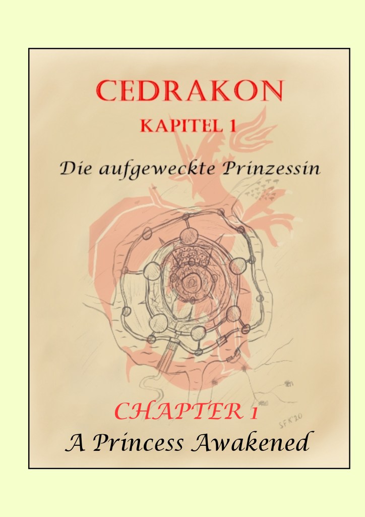Cover Page of Chapter one, depicting a cut from a map, showing a castle and the heraldic animal of Cedrakon, text: "Chapter 1 - A Princess Awakened"