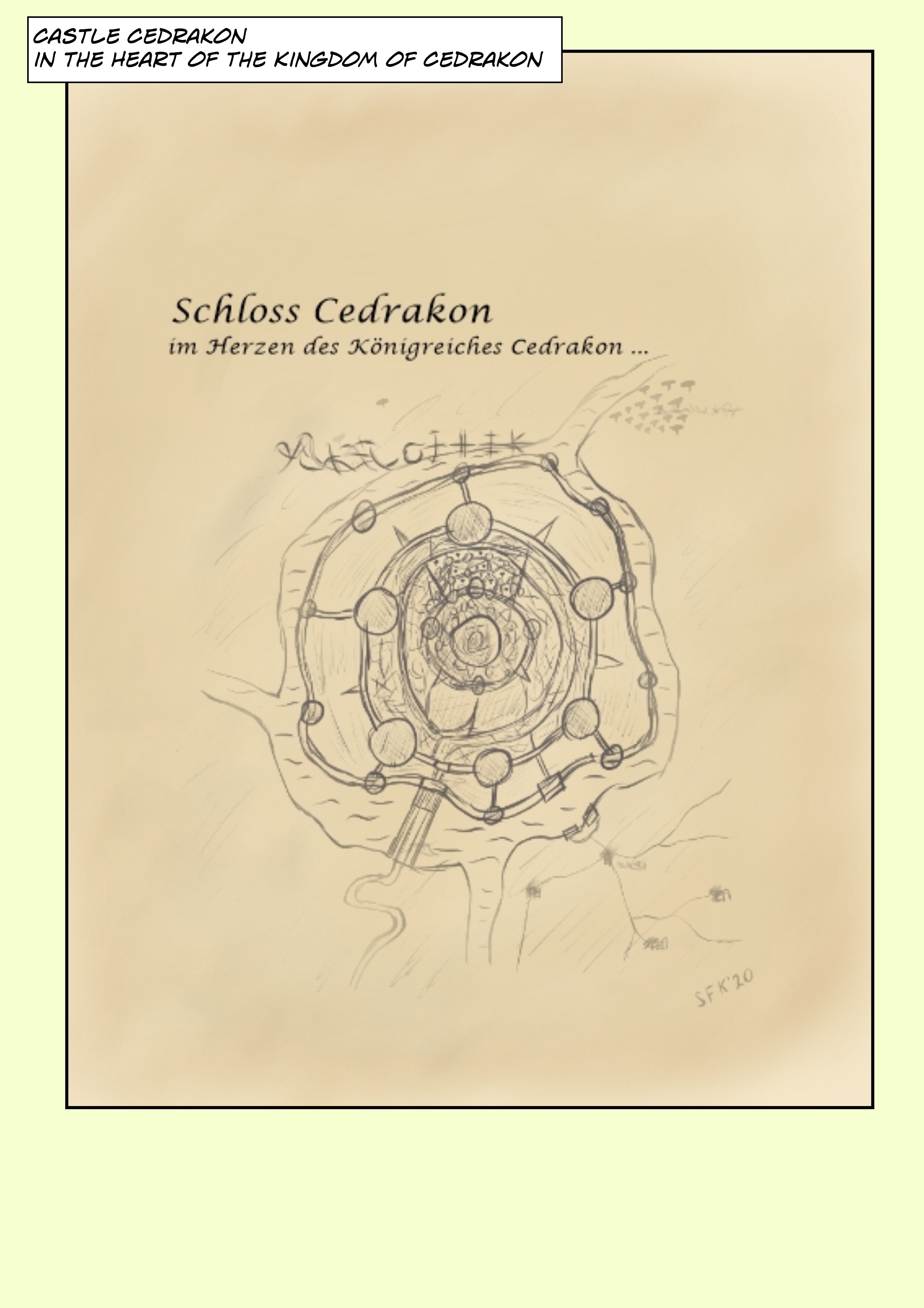 Introduction page of Chapter one, depicting a cut from a map, showing a castle and surroundings, text: "Castle Cedrakon, in the heart of the kingdom of Cedrakon"
