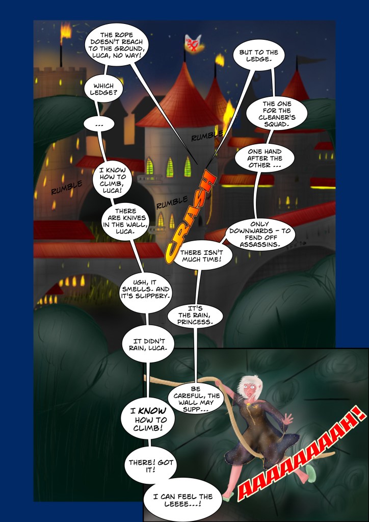 Comic Page 6: View from the outside depicting the Princess' Tower, speech ballons showing the descent of Luca and the Princess, squabbling all the way down until the Princess looses footing and falls into the depth