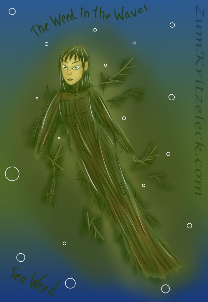 Mermay 11, "Sea Weed", digital painting, comic style: A mermaid made of sea weed, emerging from a sea weed cloud under water, text: "The Weed in the Waves"