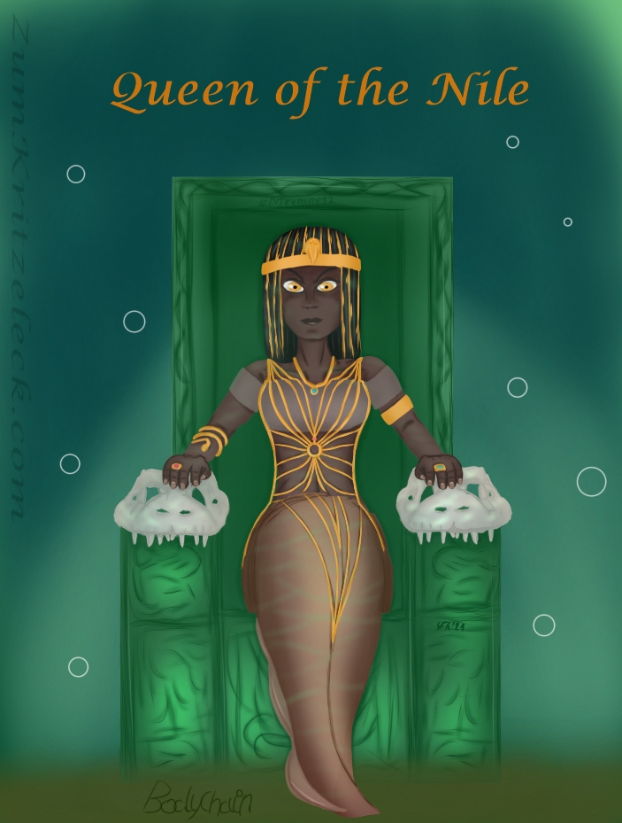 Mermay 12, "Body Chain", digital painting, comic style: A black skinned mermaid sitting on a green glimmering throne under water, her hands resting on crocodile skulls, she has cleopatra styled hair and head fashion and is wearing a golden body chain, green background, title: "Queen of the Nile"
