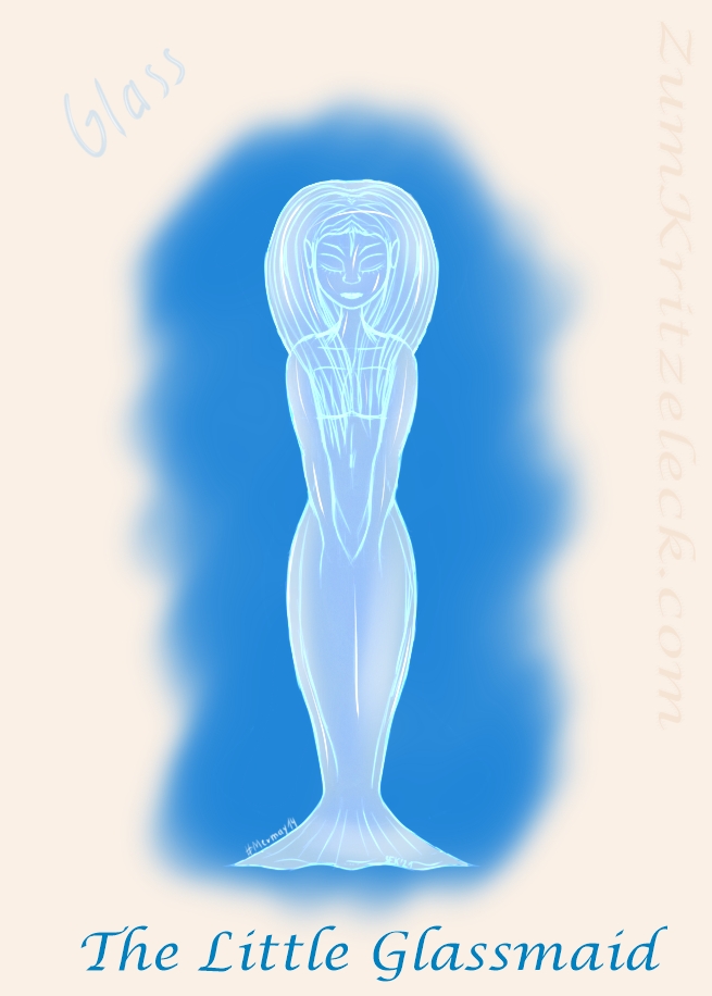 Mermay 14, "Glass", digital painting, comic style: A mermaid made from glass, standing upright, eyes closed, the hands in her lap, title: "The Little Glassmaid"