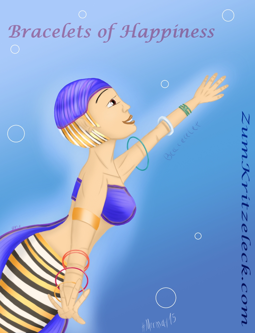 Mermay 15, "Bracelet", digital painting, comic style: A mermay based on a royal angelfish. She's short hair built by a purple glowing fin and yelllow, black and white striped hair. The tail is striped likewise and she's got purple glowing dorsal and ventral fins. Her Bra is built of this kind of fin, too. She' looking to the right upper corner of the painting, smiling and wearing several bracelets on her arms, title: "Bracelets of Happiness"
