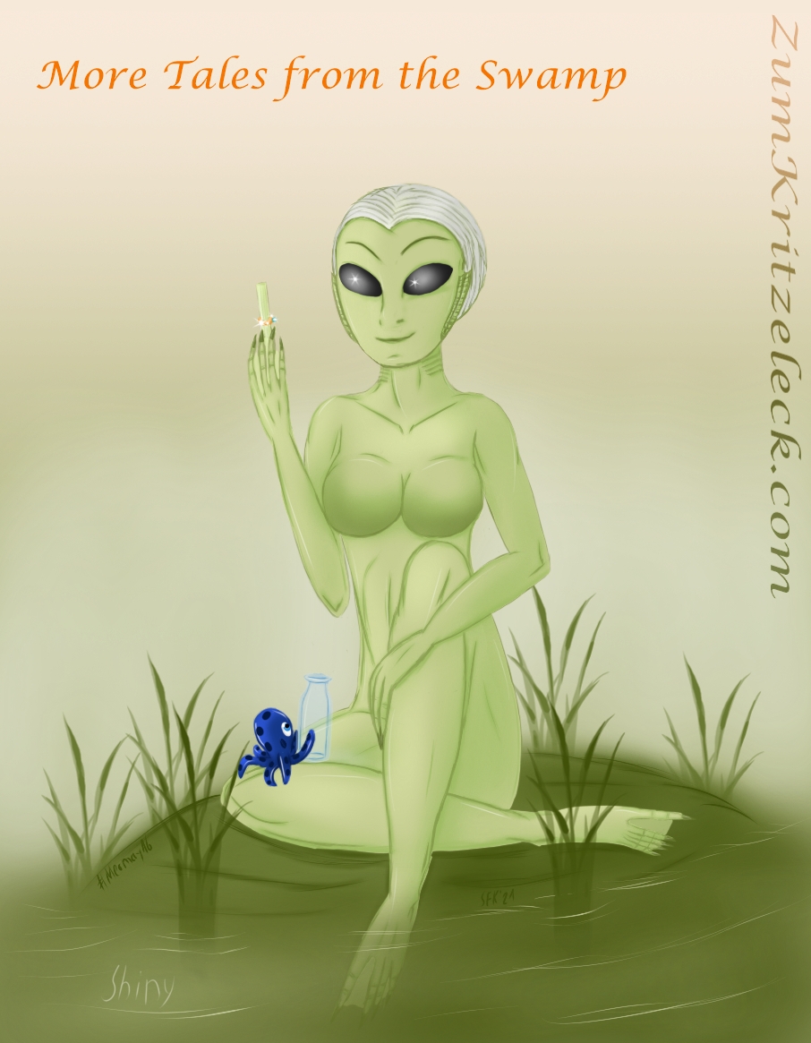 Mermay 16, "Shiny", digital painting, comic style: A green skinned fish or amphibian like woman sitting on a little isle in a swamp, the left knee rised, the other leg bent. On her right knee is a tiny blue octopus, holding an empty bottle. The woman is holding a rolled up letter, hold by a shiny ring, text: "More Tales from the Swamp"
