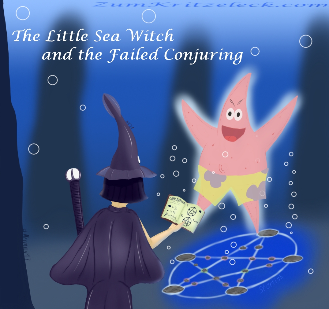 Mermay 17, "Starfish", digital painting, comic style: A mermaid seen from behind, she has purple-black neck long hair and is wearing a squid as hat, her back resembles a manta ray, covering her body like a coat, in the left hand she is holding a staff in the form of a belemnite holding a white pearl. On the sea floor there is a pentagram built from stones and pebbles, above it is floating a ghostly appearance of "Patrick Star" (Spongebob Squarepants). The mermaid is looking into a book with instructions (chapter "Cønjuring") which she is holding in her right hand. In the background some dark rock formations, title: "The Little Sea Witch and the Failed Conjuring"