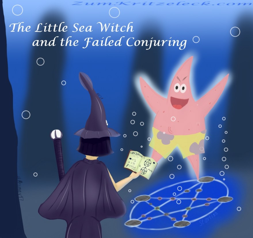 Mermay 17, "Starfish", digital painting, comic style: A mermaid seen from behind, she has purple-black neck long hair and is wearing a squid as hat, her back resembles a manta ray, covering her body like a coat, in the left hand she is holding a staff in the form of a belemnite holding a white pearl. On the sea floor there is a pentagram built from stones and pebbles, above it is floating a ghostly appearance of "Patrick Star" (Spongebob Squarepants). The mermaid is looking into a book with instructions (chapter "Cønjuring") which she is holding in her right hand. In the background some dark rock formations, title: "The Little Sea Witch and the Failed Conjuring"
