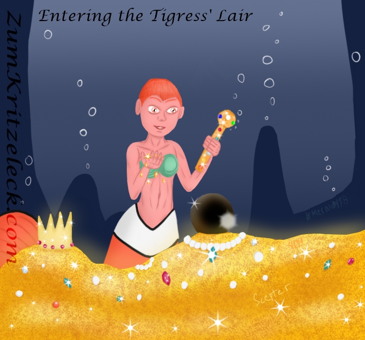 Mermay 18, "Scepter", digital painting, comic style: Nema, the clownfisch mermaid, standing behind the the big heap of golden coins, jewels and necklaces from Mermay 2. She is holding the scepter in the left hand and some coins (some of them falling down) in her left hand, looking on the sceptre with bright, shiny eyes. Dark blue rock formations in the background. Title: "Entering the Tigress' Lair"