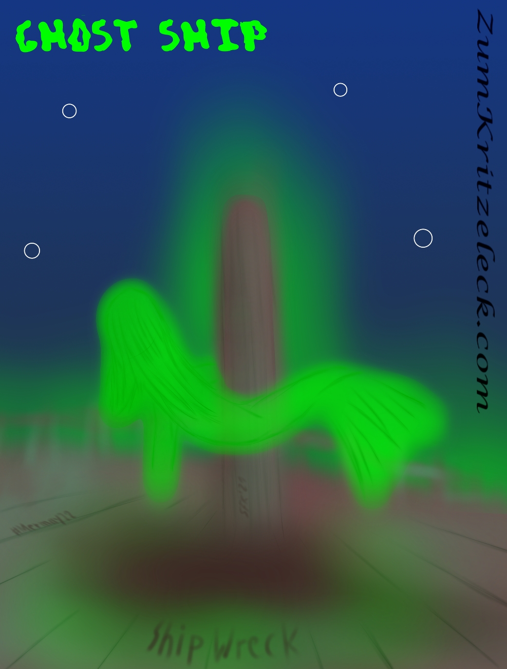 Mermay 22, "Ship Wreck", digital painting, comic style: A view on the deck of a sunken ship. the mast is cropped. In front of the mast is a glowing green, semi-transparent mermaid. Glowing green in the backround. Title: "Ghost ship"