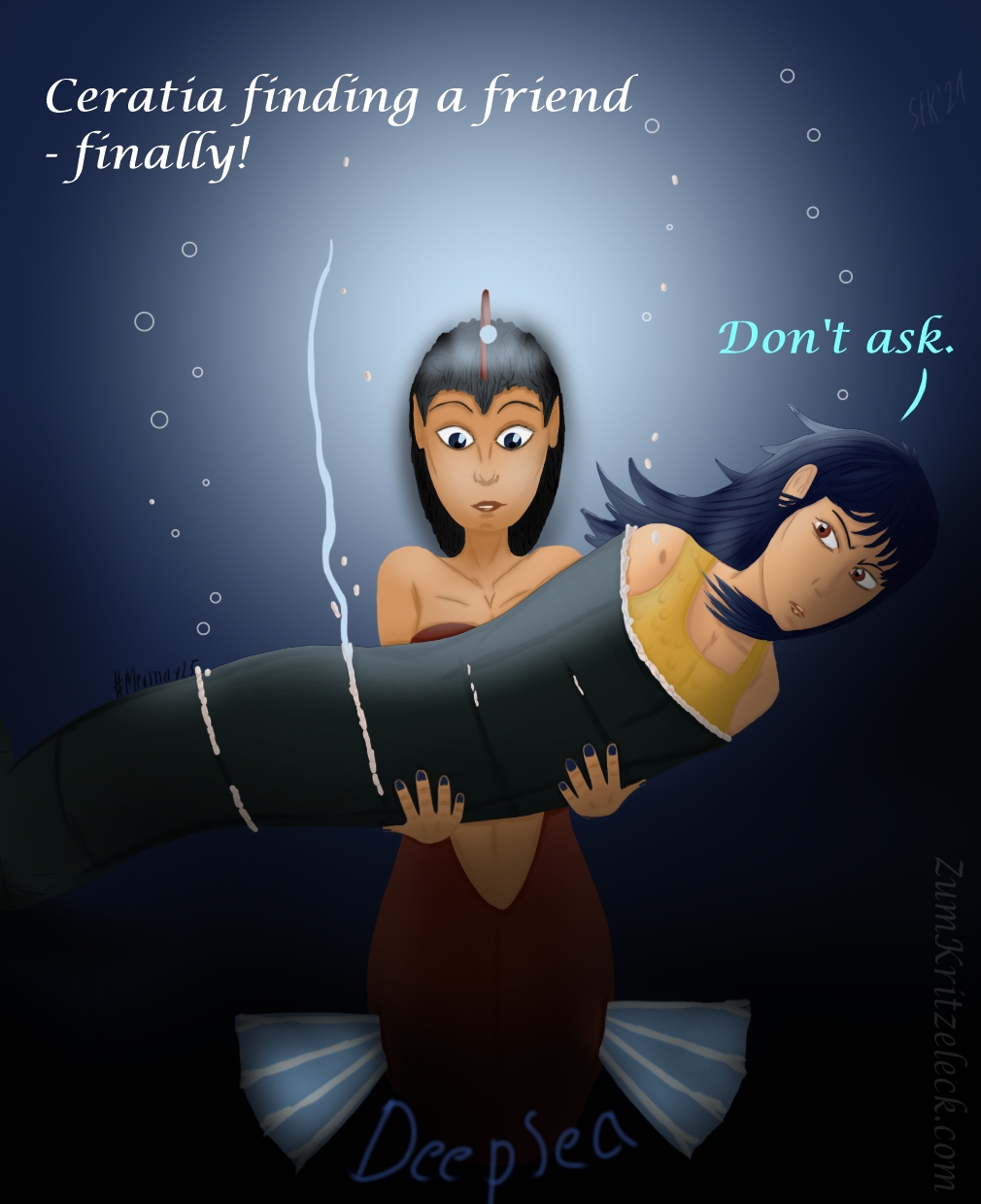 Mermay 25, "Deep Sea", digital painting, comic style: Ceratia, a mermaid based on an anglerfish, catching Merindiana Jane (Indiana Jones based mermaid) who is wrapped as big sushi rolls and falling from above. Rice is floating upwards as well a Merindiana's whip which is made of jellyfish tentacle. The only light source is Ceratia's light bulb an a rod on her forehead. Merindiana is saying: "Don't ask!", title: "Ceratia finding a friend - finally!"