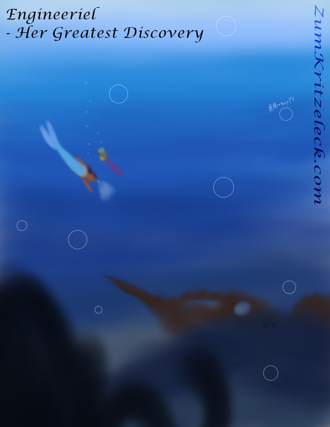 Mermay 27, "Nautilus", digital painting, comic style: A wrecked submarine (the Nautilus) seen from far, Engineeriel and Fabricius diving towards it, a dark shadow in the foreground, title: "Engineeriel - Her Greatest Discovery"