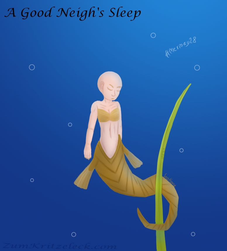 Mermay 28, "Sea Horse", digital painting, comic style: a bald headed mermaid based on a sea horse sleeping with the tail around a blade of sea weed. Title: "A Good Neigh's Sleep"