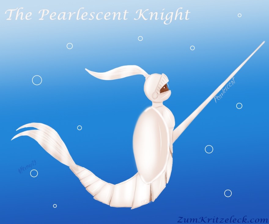 Mermay 29, "Pearlescent", digital painting, comic style: A mermaid in a pearlescent knight's armor, the hair is white und gros out of the top of the helmet, the tail fin likewise is from pearlescent white, she wears a big chest plate, the lower body and the tail is covered with pearlescent armor segments; she is facing right, holding a big shield with the right hand an a lance with the left one, title: "The Pearlescent Knight"