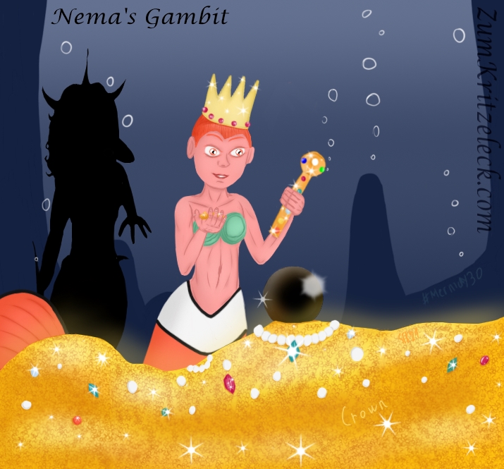 Mermay 30, "Crown", digital painting, comic style: Nema, the clownfisch mermaid, standing behind the the big heap of golden coins, jewels and necklaces from Mermay 2. She is holding the scepter in the left hand and some coins in her right hand, looking on the sceptre with bright, shiny eyes. On her head is a crown. Dark blue rock formations in the background as well as the dark shadow of Captain Tigra Selachii approaching from behind. Title: "Nema's Gambit"
