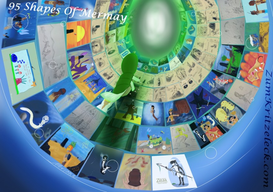 Mermay 31, "Mersona", digital painting, comic style: My avatar which I am usually using to represent me, a green space caterpillar with a big head and only one eye. In this form it has only two arms (holding a stylus) and a tail fin. It is seen from behind, swimming to a green vortex in the top center of the picture. Whirling in a spiral towards this vortex are all the paintings related to Mermay 2021, 2020 and 2019, title: "95 Shapes of Mermay"