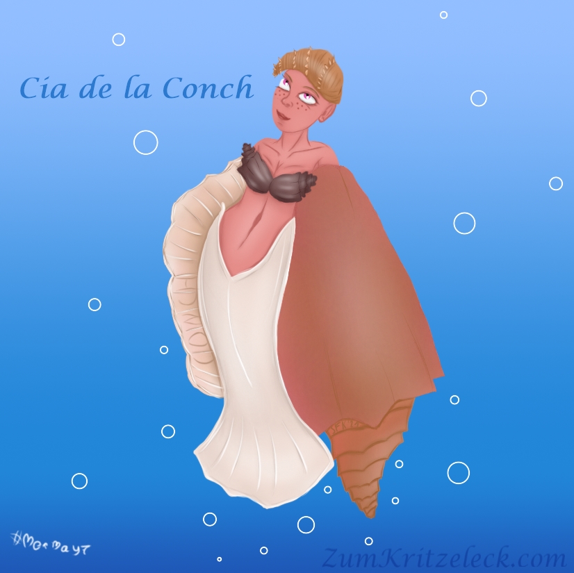 Mermay 7, "Conch", digital painting, comic style: A mermaid in form of a conch, her arms are still inside / part of the shell of the conch, her hair is formed as a conch and she is looking upwards, blue background, title: "Cia de la Conch"