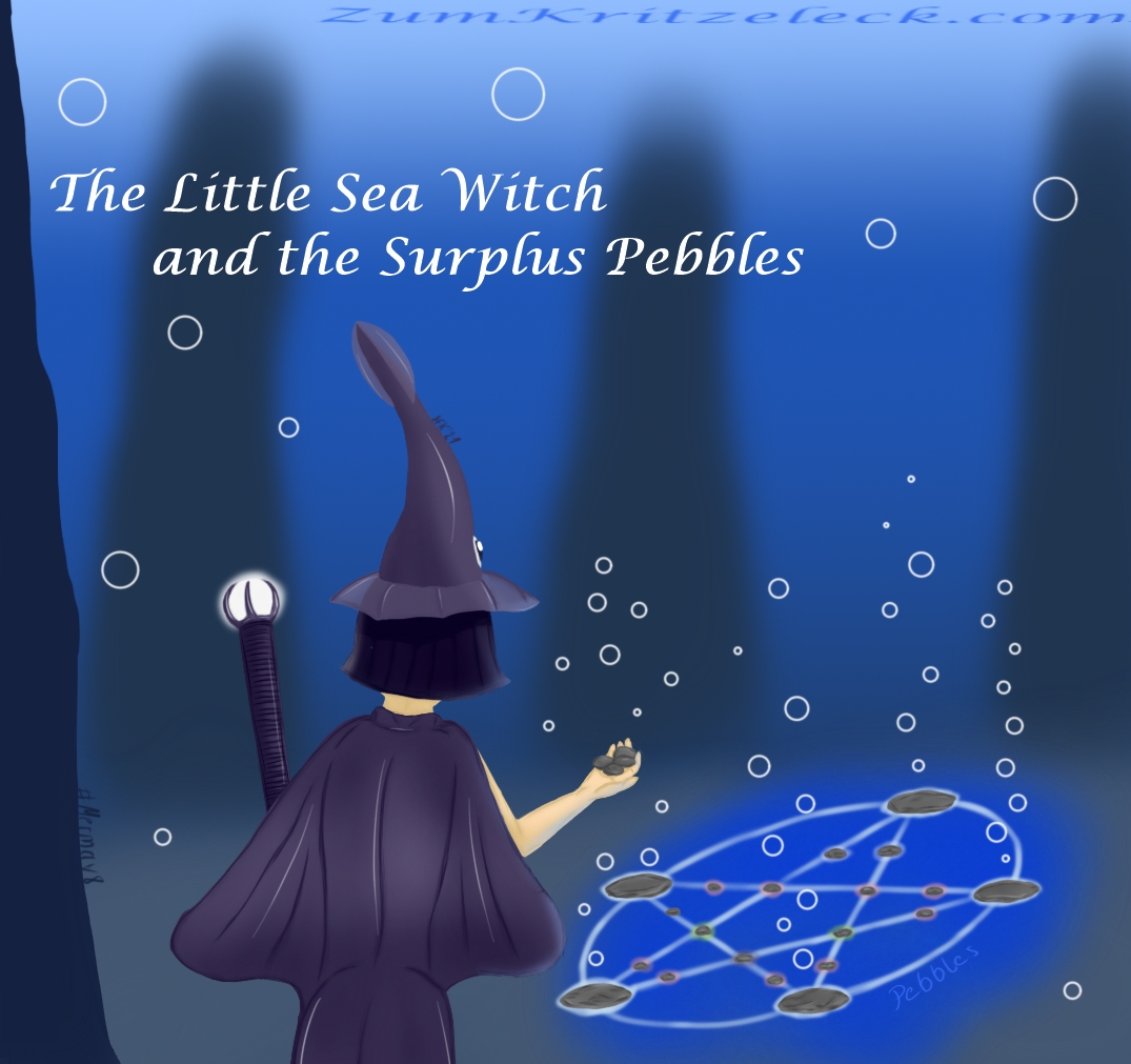 Mermay 8, "Pebbles", digital painting, comic style: A mermaid seen from behind, she has purple-black neck long hair and is wearing a squid as hat, her back resembles a manta ray, covering her body like a coat, in the left hand she is holding a staff in the form of a belemnite holding a glowing white pearl, in the right hand there are some pebbles. On the sea floor there is a pentagram built from stones and pebbles, in the background some dark rock formations, title: "The Little Sea Witch and the Surplus Pebbles"