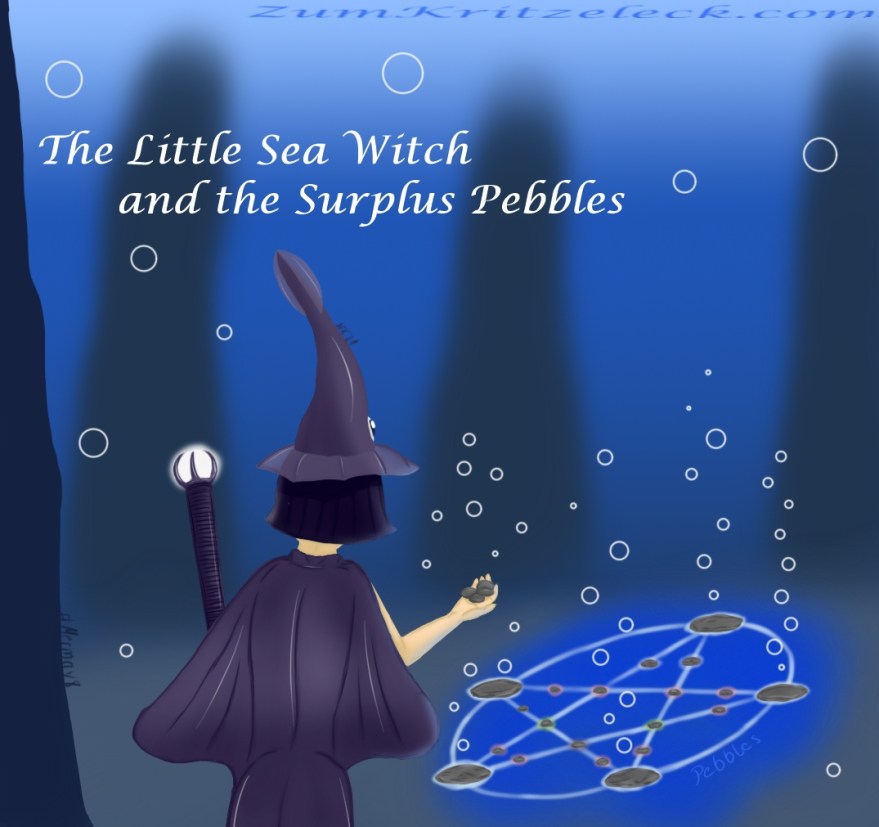Mermay 8, "Pebbles", digital painting, comic style: A mermaid seen from behind, she has purple-black neck long hair and is wearing a squid as hat, her back resembles a manta ray, covering her body like a coat, in the left hand she is holding a staff in the form of a belemnite holding a glowing white pearl, in the right hand there are some pebbles. On the sea floor there is a pentagram built from stones and pebbles, in the background some dark rock formations, title: "The Little Sea Witch and the Surplus Pebbles"