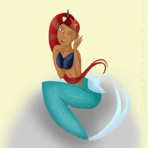 Digital painting, comic style: A mermaid with turqoise tail and a long, bifurcated fin, there is also a smaller fin at her hip, the bra are two blue mussels. She's got red hair which is styled in a sidecut, falling straight from her right side of the head and winding along her belly to me meet likewise bifurcated with the tips of the tail fin. She is wearing a starfish, a shell and a sea snail's shell in her hair, the starfish fixed with a headband made of algae. The left hand touches her left ear, the right hand is flat under her chin, her left eye is winking to the viewer