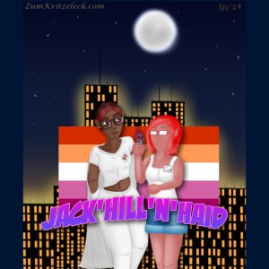 Cover painting comic style, digital painting: Dr. Jacky Hill (white woman, red hair, rectangular glasses, white tank top, blue shorts) and Dr. Eliza Hill (woman of colour, round glasses, white polo shirt, white trousers, taking off a doctor's coat) in front of a Lesbian Pride Flag, the background being a night skyline with several skyscrapers, on the night sky a full moon.