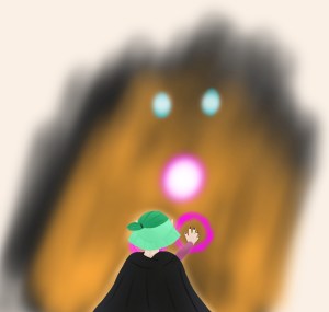 Digital paintig, comic style: Amity from the show "The Owl House" (green hair, waving coat) seen from behind, tow purple circles around her hands, in front of her zwei bright turqoise light an a bright white and purple one before a black and orange background on light beige