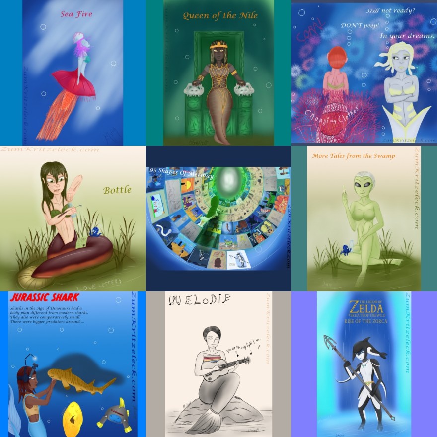 Digital painting, comic style, a collage: A square built of nine smaller squares with my favorite Paintings of Mermay 2021. Left - right, up - down: Jellyfisch maid (Day 13), Queen of the Nile (Day 12), Merdusa and Nema bickering about Nema changing clothes (Day 3), Swamp Maid filling the bottle with a love letter (Day 1), my avatar in a whirl of every Mermay painting (Day 31), Amphibian Maid holding the love letter which is fixed by a ring (Day 16), Engineeriel and the Jurassic Shark (Day 21), Elodie mermaid playing the ukulele (Day 19) and the orca Zora holding a spear (Day 24)
